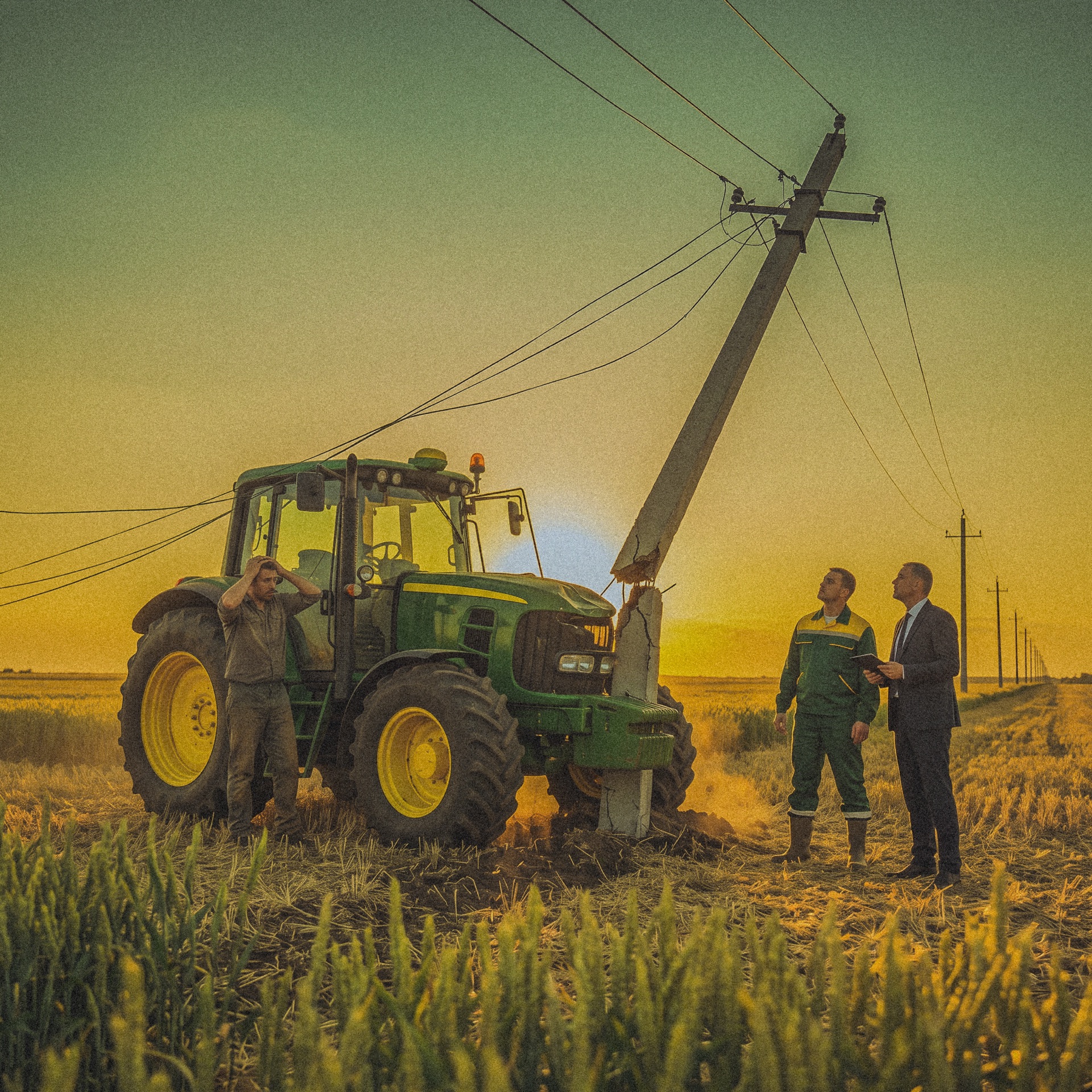 Traktor, ktorý pri práci narazil do elektrického stĺpa